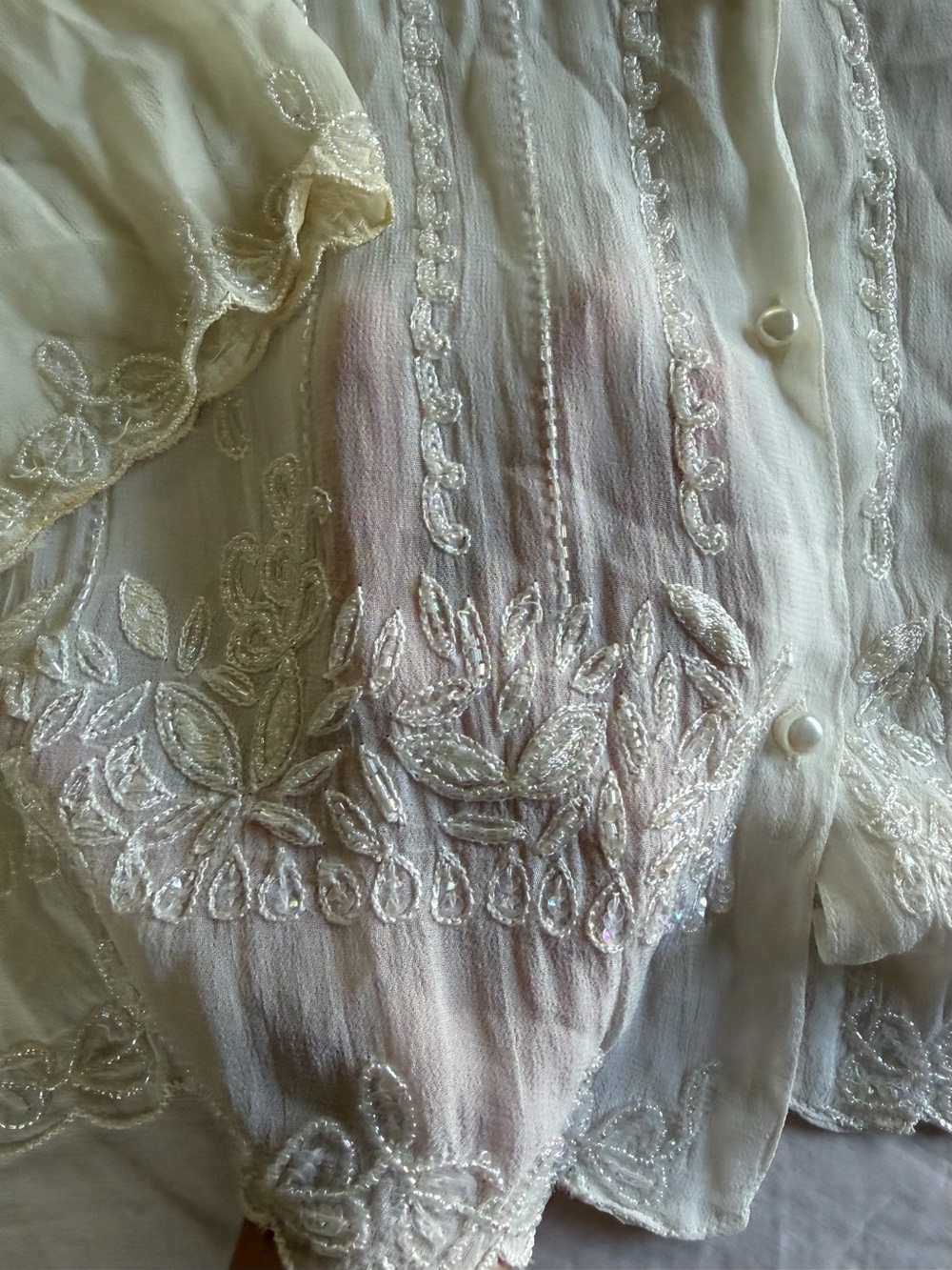Soft Surroundings Ivory Beaded Embroidered Sheer Blouse - Picture 3 of 14
